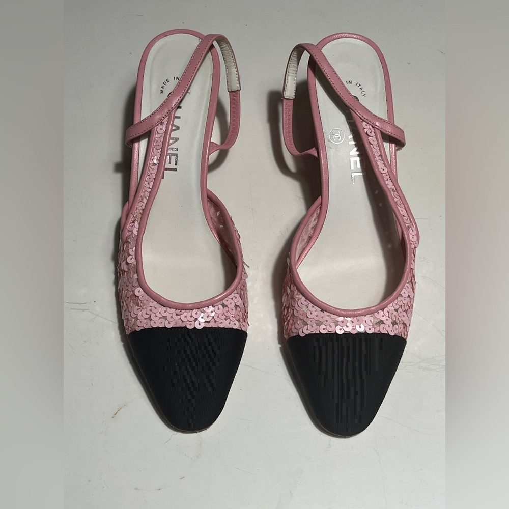 CHANEL Pink Sequin and Black Heels